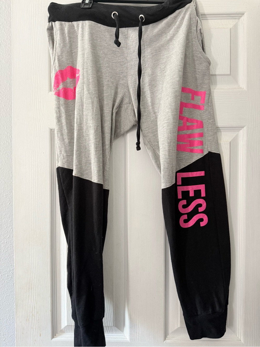 Electric Pink Gray Sweatpants with Black Waistband